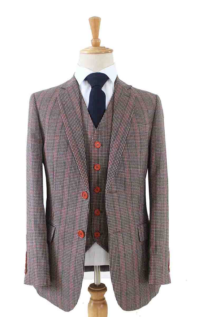 BDtailormade BROWN PINK HOUNDSTOOTH PLAID TWEED 3 PIECE SUIT - BDtailormade TWEED SUITStweedmaker hockerty menstweedsuit