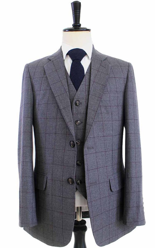 BDtailormade GREY RED WINDOWPANE WORSTED 3 PIECE SUIT - BDtailormade Worsted Suittweedmaker hockerty menstweedsuit