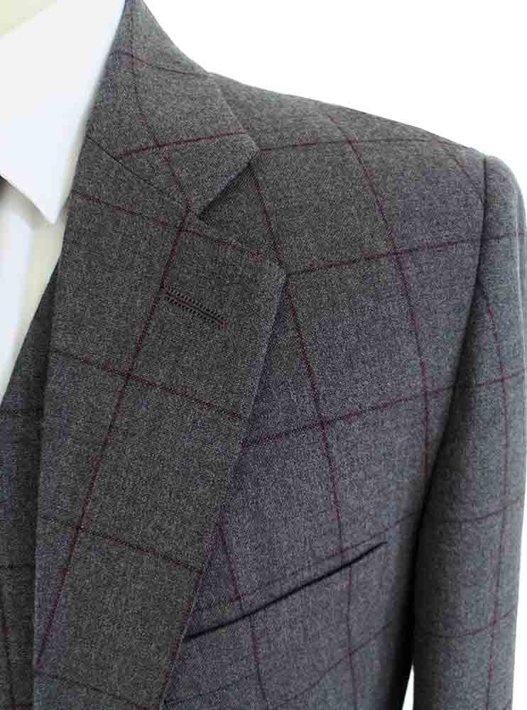 BDtailormade GREY RED WINDOWPANE WORSTED 3 PIECE SUIT - BDtailormade Worsted Suittweedmaker hockerty menstweedsuit