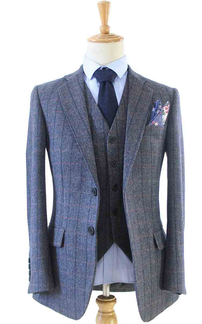 Grijs ruiten visgraat tweed driedelig pak