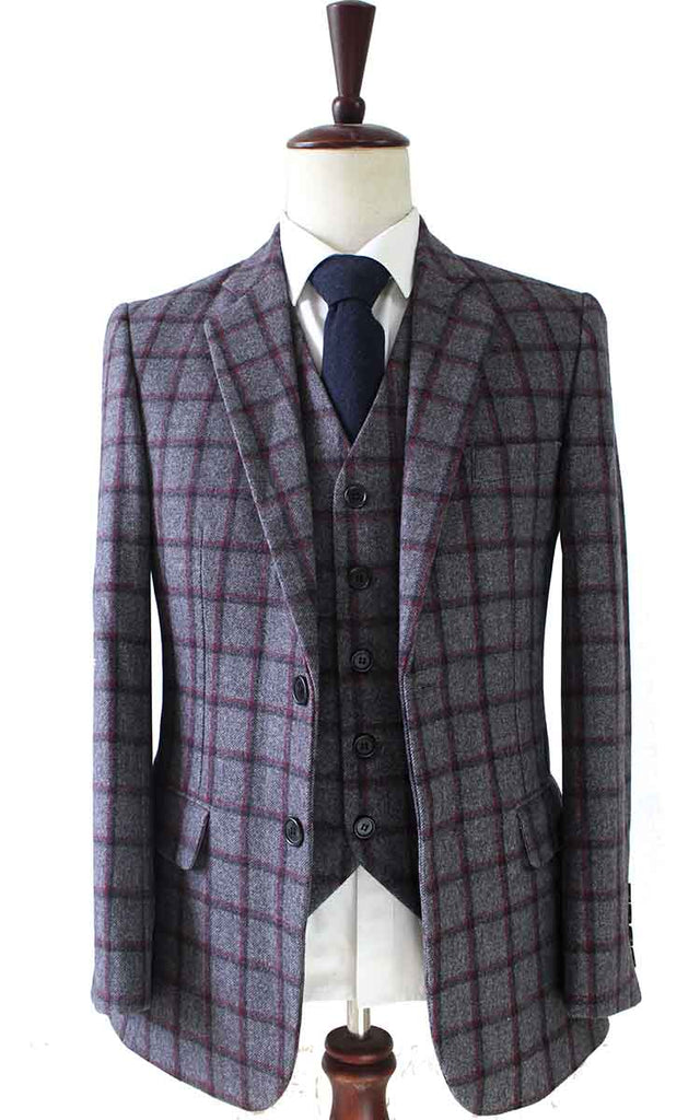 BDtailormade GREY RED WINDOWPANE PLAID TWEED 2 PIECE SUIT - BDtailormade TWEED SUITStweedmaker hockerty menstweedsuit
