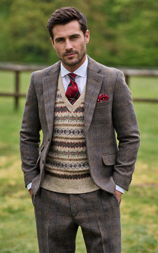 Brown Beige Windowpane Herringbone Tweed 2 Piece Suit