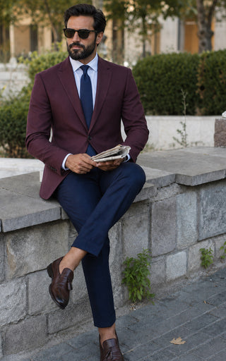 Wine Red Birdseye & Dark Blue Birdseye Worsted 2 Piece Suit