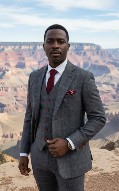 GREY HERRINGBONE PLAID 3 PIECE SUIT