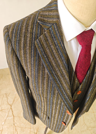 BROWN BLUE PINSTRIPE TWEED 3 PIECE SUIT - BDtailormade