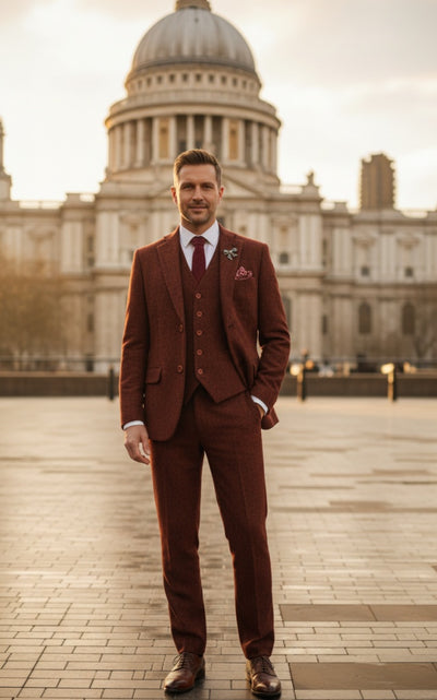 BROWN RED HERRINGBONE TWEED 3 PIECE SUIT