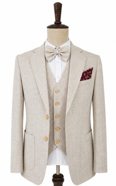 Beige Herringbone Cotton Linen 3 Piece Suit
