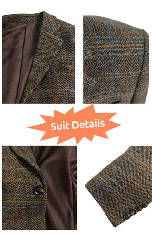 Brown Beige Windowpane Herringbone Tweed 2 Piece Suit