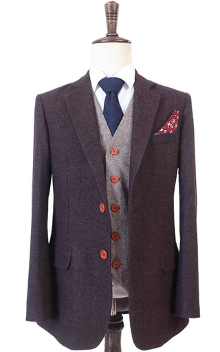 Donkerbruin gerstekorrel Mix & Match Tweed 3-delig Kostuum