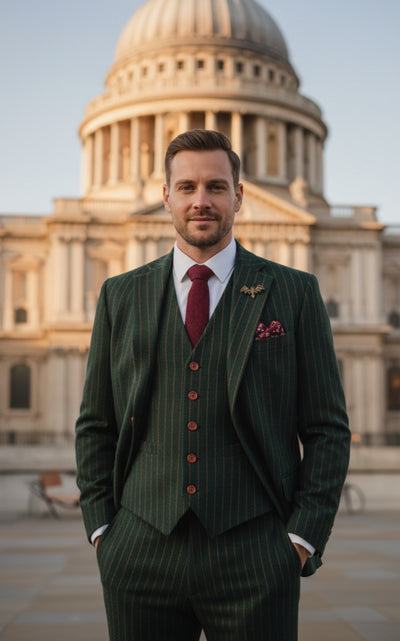 GREEN ORANGE PINSTRIPE TWEED 3 PIECE SUIT