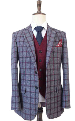 Grijze Rood Geruite Tweed Driedelige Pak Mix & Match