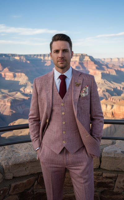LIGHT RED HERRINGBONE COTTON LINEN 3 PIECE SUIT