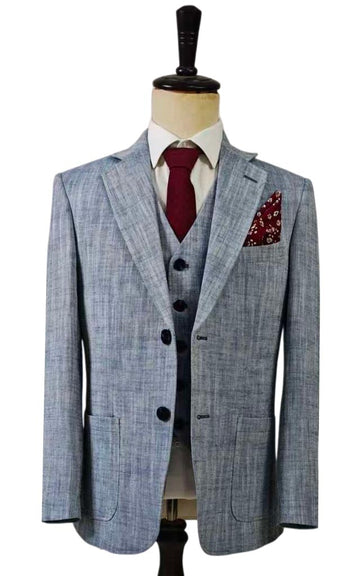 LIGHT BLUE HERRINGBONE COTTON LINEN 3 PIECE SUIT - BDtailormade