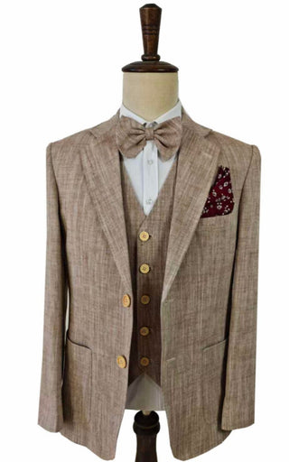 LIGHT BROWN HERRINGBONE COTTON LINEN 3 PIECE SUIT - BDtailormade