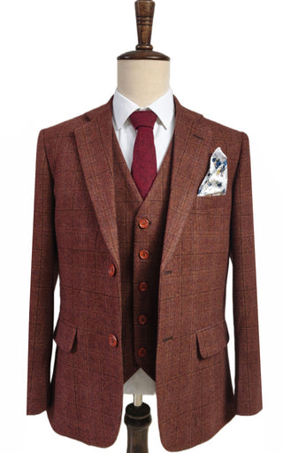 BROWN RED OVERCHECK PLAID 3 PIECE SUIT - BDtailormade