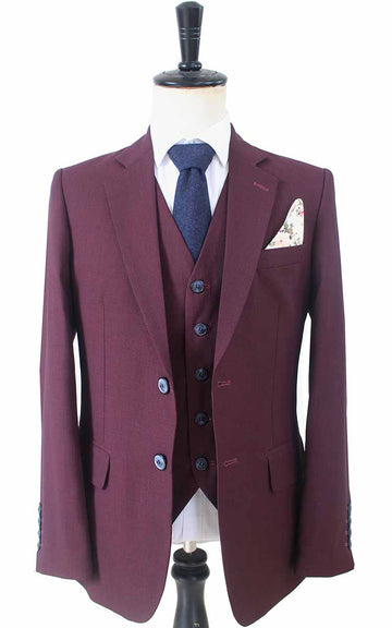 Wijnrood Birdseye Worsted Driedelig Pak