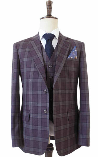 WINE RED PLAID WORSTED 3 PIECE SUIT - BDtailormade