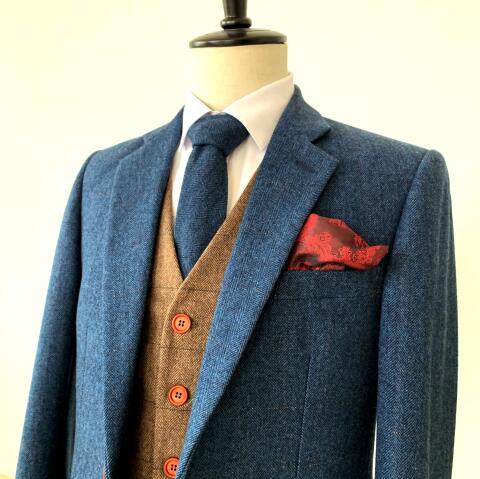 blue herringbone tweed jacket with brown tweed waistcoat