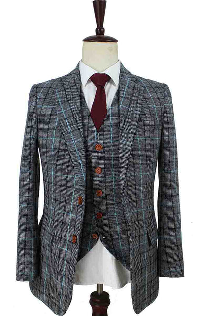 BDtailormade GREY BLUE HOUNDSTOOTH PLAID TWEED 2 PIECE SUIT - BDtailormade TWEED SUITStweedmaker hockerty menstweedsuit
