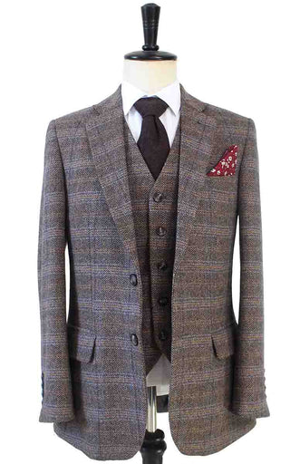 BROWN BEIGE WINDOWPANE HERRINGBONE TWEED 3 PIECE SUIT - BDtailormade