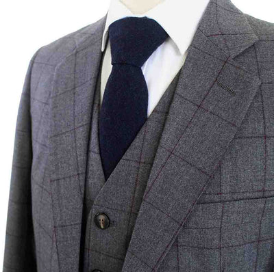 BDtailormade GREY RED WINDOWPANE WORSTED 3 PIECE SUIT - BDtailormade Worsted Suittweedmaker hockerty menstweedsuit