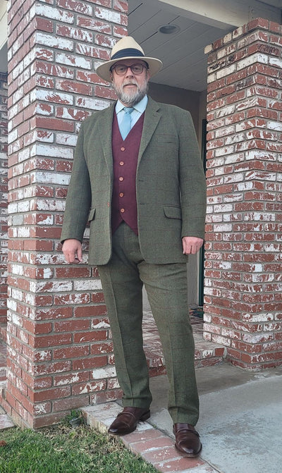OLIVE GREEN PLAID TWEED 3 PIECE SUIT - BDtailormade